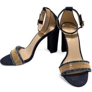 Pelle Moda-Denim & Gold Rhinestone Block Heel Sandals Size 7M Ankle Strap-Y2K